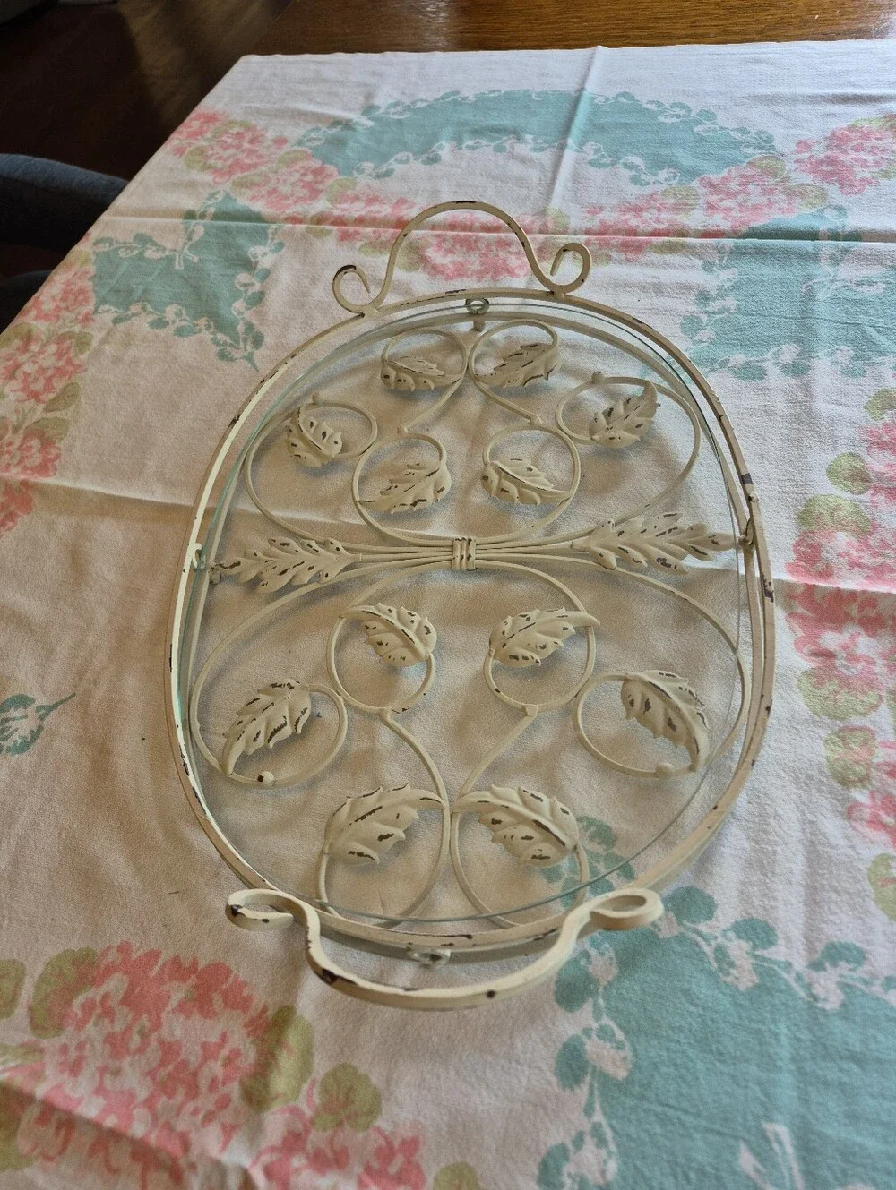 Gorgeous Ironwork Off White Metal Serving Or Display  Tray with Leaf Scrollwork